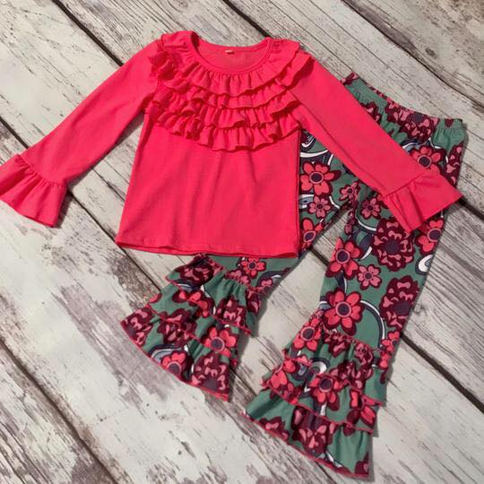 2 piece Pink Floral ruffles boutique outfit