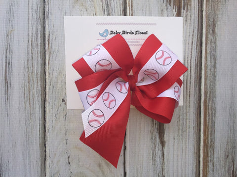 Baseball Red and White Large Boutique Bow