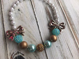 Chunky bead necklace, gold and Aqua, fall necklace
