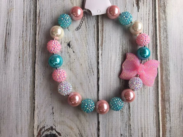 Chunky bead necklace , pink, Aqua, white