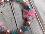 Chunky bead necklace , pink, Aqua, white